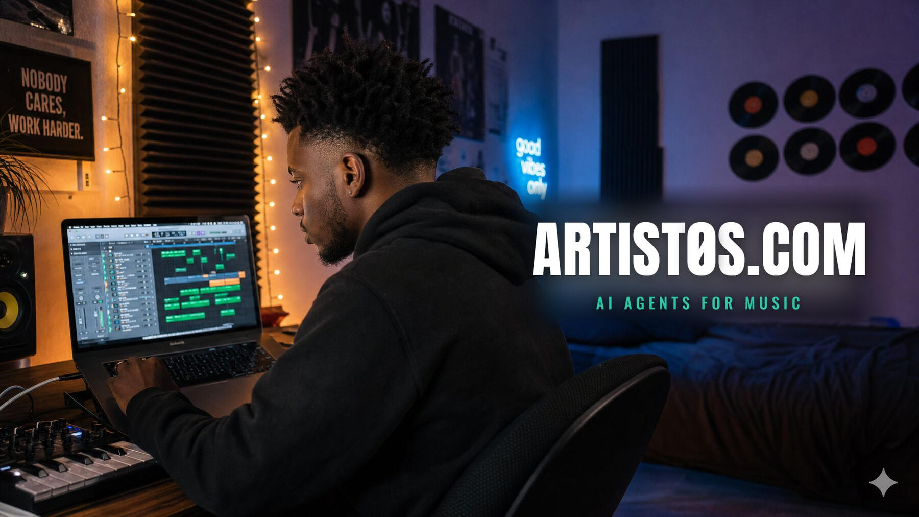 ARTIST0S — AI agents for music Music producer working in a home studio at night with the ARTIST0S.COM wordmark, AI agents for music producers and independent artists